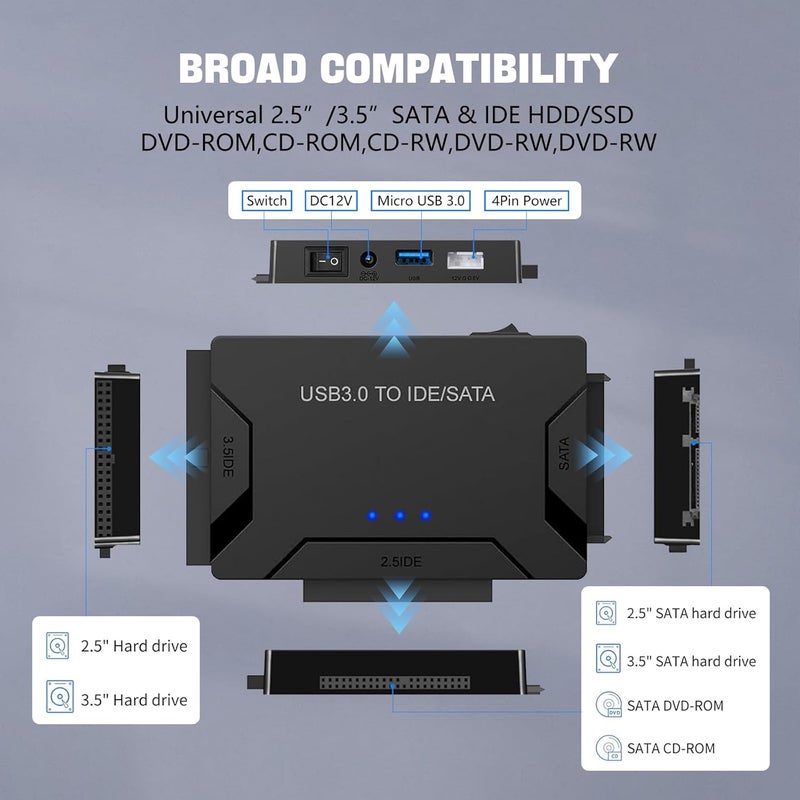 MaxRenard Hard Drive Reader USB 3.0 to SATA/IDE Adapter | Universal External Hard Drive Reader & Data Recovery Converter Kit for 2.5"/3.5" HDD/SSD | with 12V/2A Power Supply - Image 4